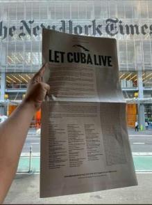 Deje vivir a Cuba (Let Cuba Live!) reza la frase que encabeza la petición formulada mediante una carta desplegada a página completa este viernes en el influyente diario estadounidense The New York Times. Foto: Internet