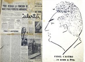 Primera plana del periódico Alerta del 28 de enero de 1952, donde aparecen importantes detalles del artículo de Fidel. / Caricatura de Fidel aparecida en ese número de Alerta. Foto: OAH