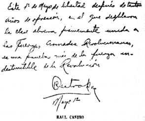Nota manuscrita de Raúl Castro sobre el primer desfile de las milicias, el 1ro. de mayo de 1959. Foto: Raúl Castro 