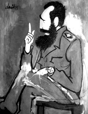 Caricatura pictórica de Fidel realizada por Juan David (1911-1981), una línea en la cual cosechó varios frutos de amplia valía. El original forma parte  de la colección del Museo del Humor de San Antonio de los Baños.