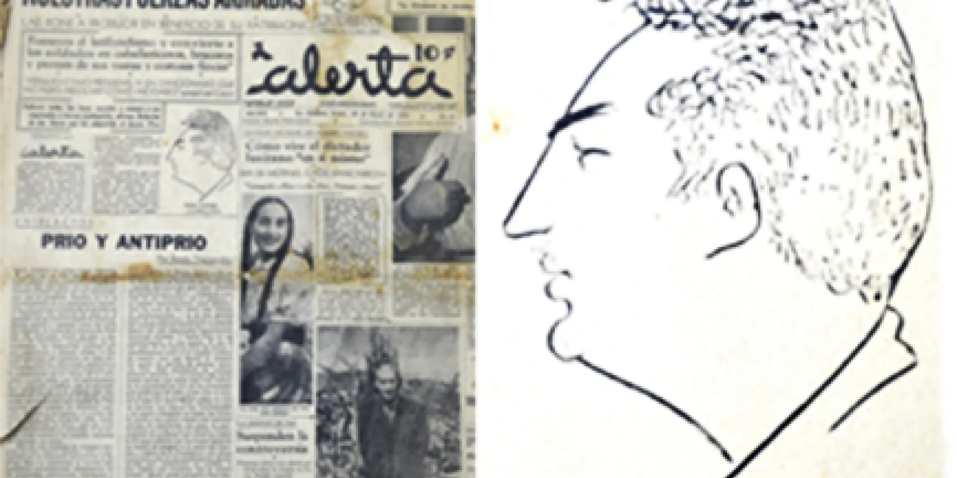 Primera plana del periódico Alerta del 28 de enero de 1952, donde aparecen importantes detalles del artículo de Fidel. / Caricatura de Fidel aparecida en ese número de Alerta. Foto: OAH