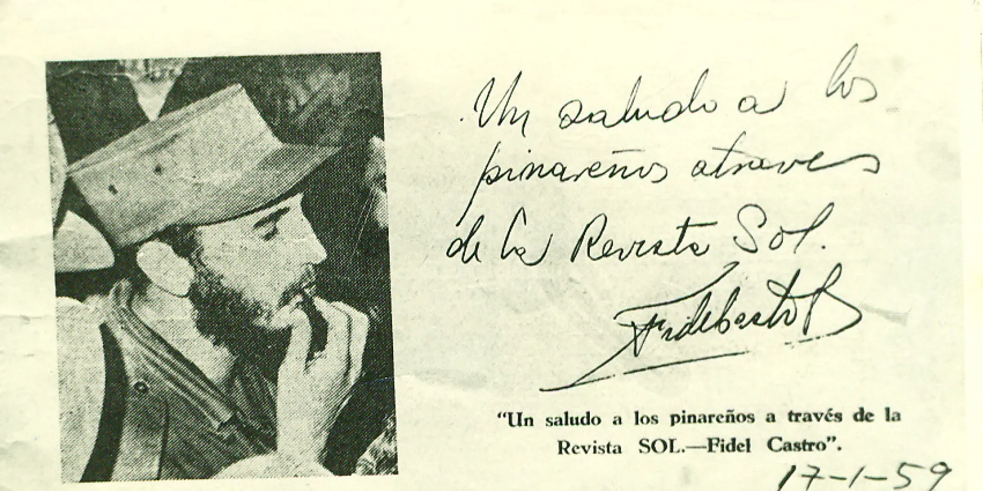 Saludo que Fidel firmara a Graupera, el cual iba dirigido a los pinareños.