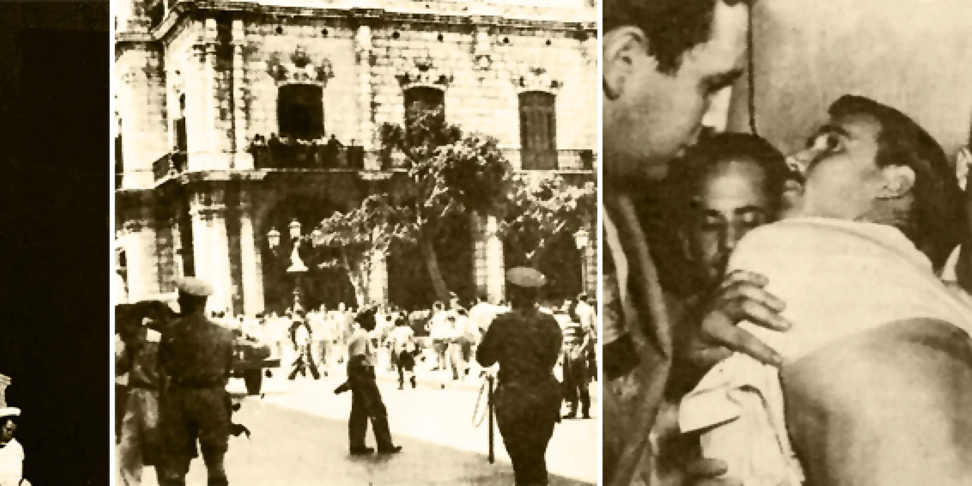 Marines yanquis ultrajan la estatua de Martí. / Agentes policiales cargan contra los manifestantes frente a la embajada yanqui. / Los estudiantes, entre ellos Fidel, muestran a la prensa las huellas del maltrato policial. Fotos: Bohemia