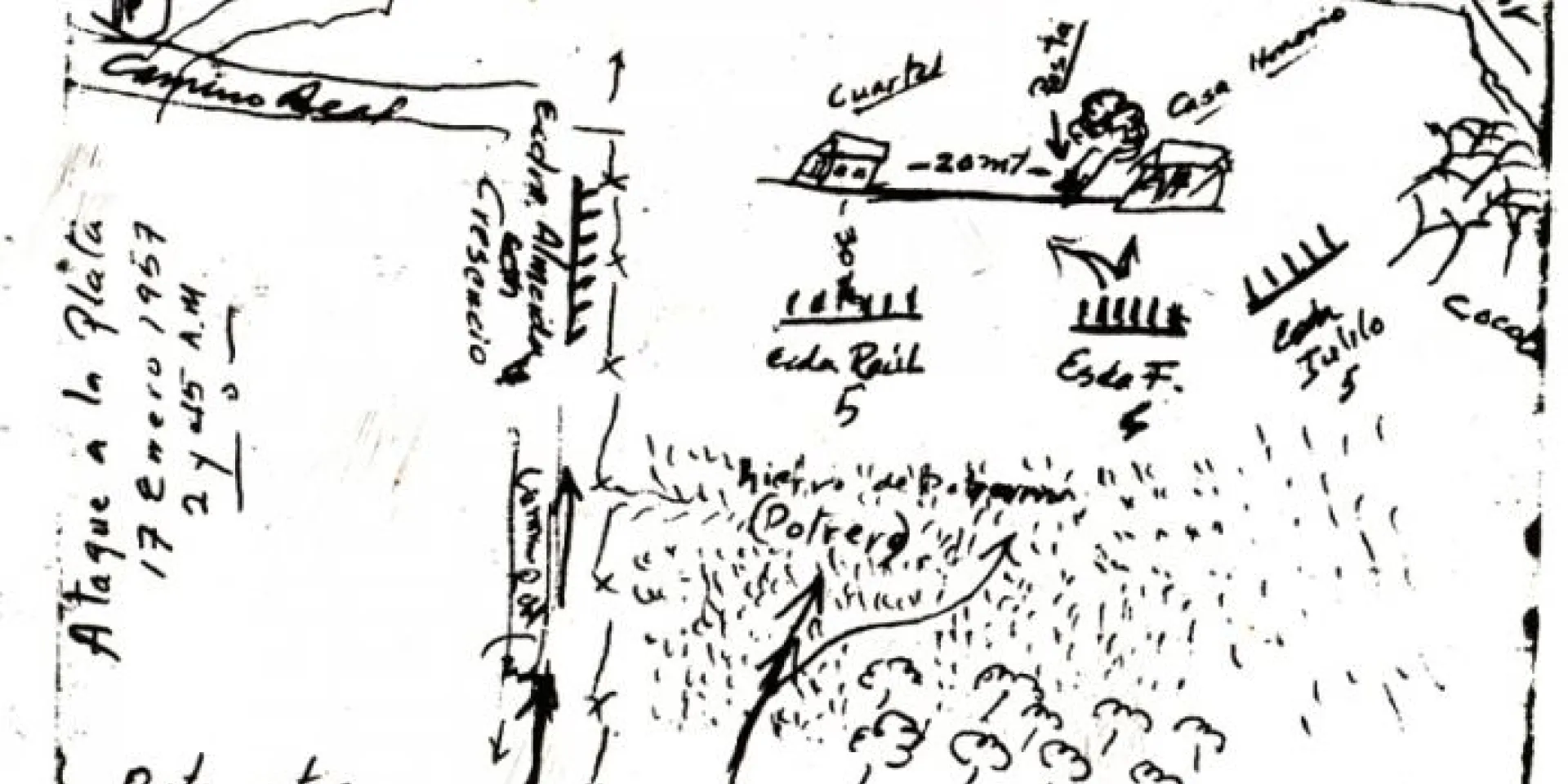 Croquis del Combate de La Plata, Sierra Maestra, el 17 de enero 1957, elaborado por Raúl Castro Ruz pocos días después.