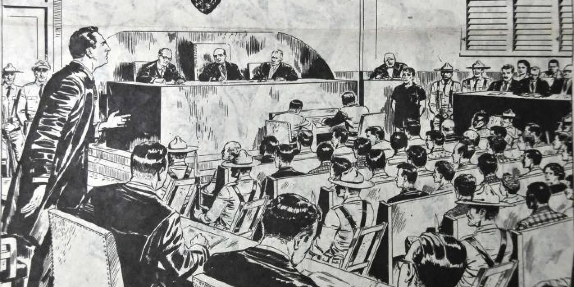 Dibujo sobre el comienzo del juicio del Moncada (pues fueron prohibidas las fotos) Fidel, como abogado exigió, el 21 de septiembre de 1953, el derecho de asumir su propia defensa. Fue retirado luego, en la tercera sesión del juicio, celebrada en la sala del Pleno del edificio de la audiencia. Su alegato de autodefensa, conocido como La Historia me Absolverá –palabras con las que concluyó su discurso– fue pronunciado el 16 de octubre del propio año, en una sala de justicia improvisada en una pequeña habitaci