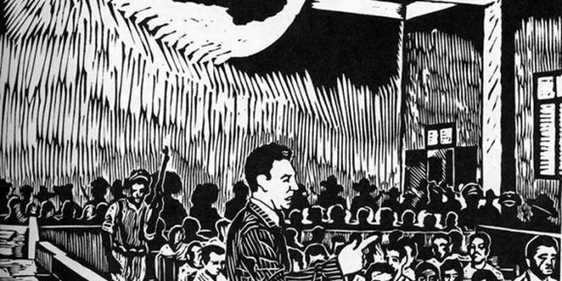 Fidel Castro en el inicio del juicio del Moncada. Dibujo: Antonio Canet